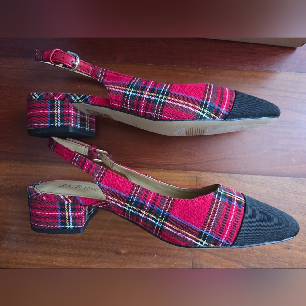 J Crew Women's Slingbacks Sandals Flat Shoes Heels Tartan Plaid Fabric Point 7 N